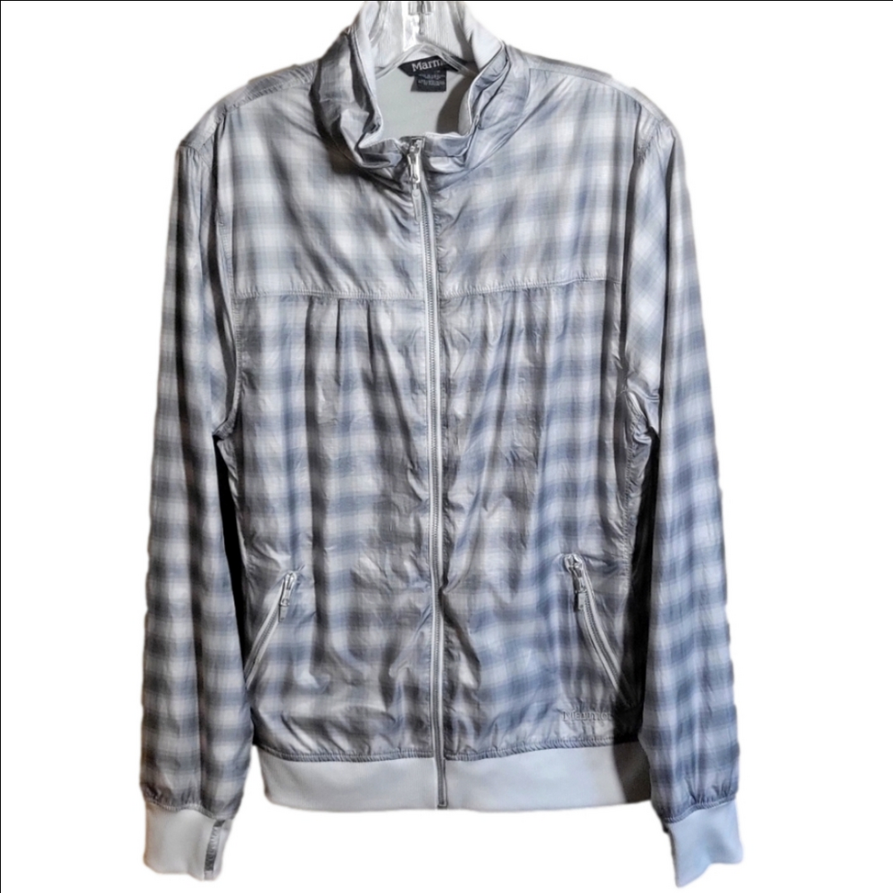 Marmot XL grey checkered plaid lined windbreaker zippered pockets, thumb holes